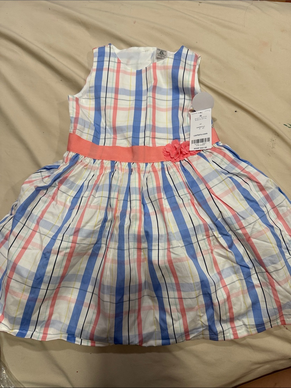 Carter's White Plaid Dress with Blue and Coral Stripes